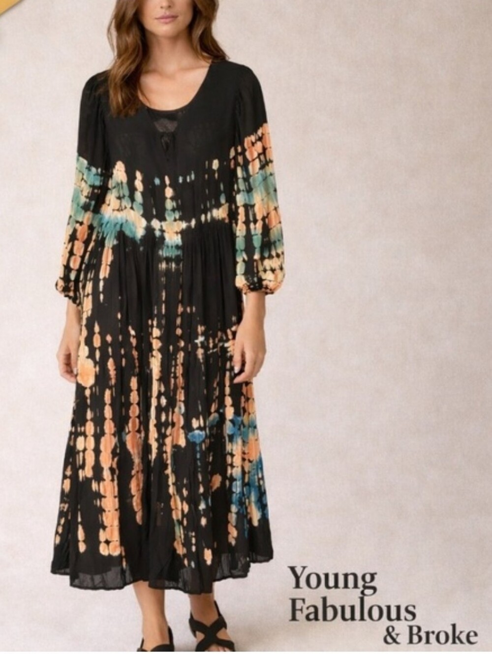 Young Fabulous And Broke Bohemian Tie-Dye Long Sleeve Maxi Dress in Black/Peach